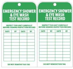 NMC - 3" High x 6" Long, EMERGENCY SHOWER & EYE WASH TEST RECORD, English Safety & Facility Inspection Tag - Tag Header: Danger, 2 Sides, Green & White Unrippable Vinyl - USA Tool & Supply