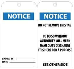 NMC - 3" High x 6" Long, Notice, English Safety & Facility Lockout Tag - Tag Header: Notice, 2 Sides, Black, White & Blue Unrippable Vinyl - USA Tool & Supply