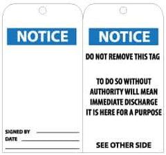 NMC - 3" High x 6" Long, Notice, English Safety & Facility Lockout Tag - Tag Header: Notice, 2 Sides, Black, White & Blue Unrippable Vinyl - USA Tool & Supply
