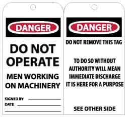 NMC - 3" High x 6" Long, DO NOT OPERATE MEN WORKING ON MACHINERY, English Safety & Facility Lockout Tag - Tag Header: Danger, 2 Sides, Black, Red & White Unrippable Vinyl - USA Tool & Supply