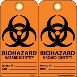 NMC - 3" High x 6" Long, BIOHAZARD - HAZARD IDENTITY, English Safety & Facility Accident Prevention Tag - Tag Header: Warning, 2 Sides, Black & Orange Unrippable Vinyl - USA Tool & Supply