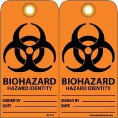 NMC - 3" High x 6" Long, BIOHAZARD - HAZARD IDENTITY, English Safety & Facility Accident Prevention Tag - Tag Header: Warning, 2 Sides, Black & Orange Unrippable Vinyl - USA Tool & Supply