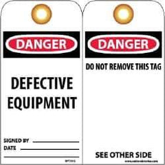 NMC - 3" High x 6" Long, DANGER - DEFECTIVE EQUIPMENT, English Safety & Facility Lockout Tag - Tag Header: Danger, 2 Sides, Black, Red & White Unrippable Vinyl - USA Tool & Supply