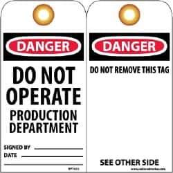 NMC - 3" High x 6" Long, DANGER - DO NOT OPERATE - PRODUCTION DEPARTMENT, English Safety & Facility Lockout Tag - Tag Header: Danger, 2 Sides, Black, Red & White Unrippable Vinyl - USA Tool & Supply