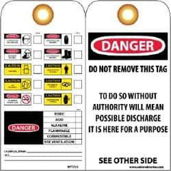NMC - 3" High x 6" Long, DANGER - TOXIC ACID ALKALINE FLAMMABLE COMBUSTIBLE USE VENTILATION, English Safety & Facility Accident Prevention Tag - Tag Header: Danger, 2 Sides, Black, Red & White Unrippable Vinyl - USA Tool & Supply