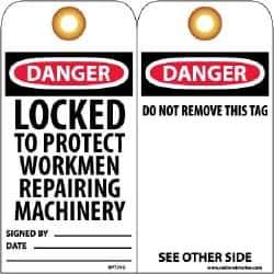 NMC - 3" High x 6" Long, DANGER - LOCKED TO PROJECT WORKMEN REPAIRING MACHINERY, English Safety & Facility Lockout Tag - Tag Header: Danger, 2 Sides, Black, Red & White Unrippable Vinyl - USA Tool & Supply