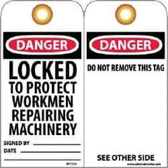 NMC - 3" High x 6" Long, DANGER - LOCKED TO PROJECT WORKMEN REPAIRING MACHINERY, English Safety & Facility Lockout Tag - Tag Header: Danger, 2 Sides, Black, Red & White Unrippable Vinyl - USA Tool & Supply