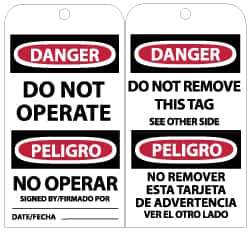 NMC - 3" High x 6" Long, DANGER - DO NOT OPERATE, English Safety & Facility Lockout Tag - Tag Header: Danger, 2 Sides, Black, Red & White Unrippable Vinyl - USA Tool & Supply