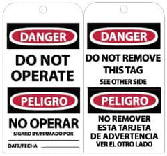NMC - 3" High x 6" Long, DANGER - DO NOT OPERATE, English Safety & Facility Lockout Tag - Tag Header: Danger, 2 Sides, Black, Red & White Unrippable Vinyl - USA Tool & Supply