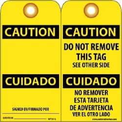 NMC - 3" High x 6" Long, CAUTION - SIGNED BY, English Safety & Facility Lockout Tag - Tag Header: CAUTION, 2 Sides, Black & Yellow Unrippable Vinyl - USA Tool & Supply