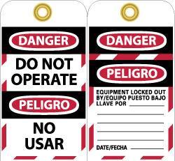 NMC - 3" High x 6" Long, DANGER - DO NOT OPERATE, Safety & Facility Lockout Tag - Tag Header: Danger, 2 Sides, Black, Red & White Unrippable Vinyl - USA Tool & Supply