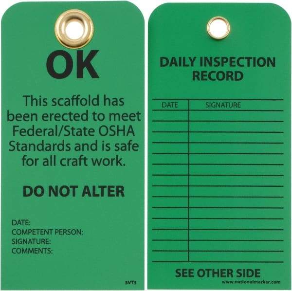 NMC - 3" High x 6" Long, OK - DO NOT ALTER, English Safety & Facility Inspection Tag - Tag Header: Notice, 2 Sides, Black & Green Unrippable Vinyl - USA Tool & Supply