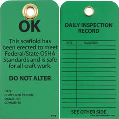 NMC - 3" High x 6" Long, OK - DO NOT ALTER, English Safety & Facility Inspection Tag - Tag Header: Notice, 2 Sides, Black & Green Unrippable Vinyl - USA Tool & Supply