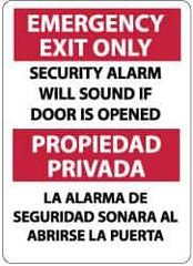 NMC - Emergency Exit Only - Security Alarm Will Sound If Door Is Opened, Pressure Sensitive Vinyl Exit Sign - 10" Wide x 14" High, English/Spanish - USA Tool & Supply