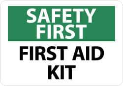 NMC - "Safety First - First Aid Kit", 7" Long x 10" Wide, Aluminum Safety Sign - Rectangle, 0.04" Thick, Use for First Aid - USA Tool & Supply