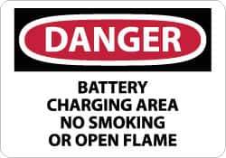 NMC - "Danger - Battery Charging Area - No Smoking or Open Flame", 7" Long x 10" Wide, Pressure-Sensitive Vinyl Safety Sign - Rectangle, 0.004" Thick, Use for Accident Prevention - USA Tool & Supply