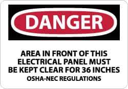 NMC - "Danger - Area in Front of This Electrical Panel Must Be Kept Clear for 36 Inches OSHA-NEC Regulations", 7" Long x 10" Wide, Aluminum Safety Sign - Rectangle, 0.04" Thick, Use for Accident Prevention - USA Tool & Supply