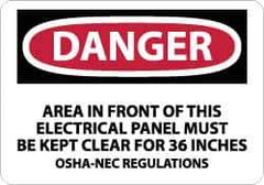 NMC - "Danger - Area in Front of This Electrical Panel Must Be Kept Clear for 36 Inches OSHA-NEC Regulations", 10" Long x 14" Wide, Aluminum Safety Sign - Rectangle, 0.04" Thick, Use for Accident Prevention - USA Tool & Supply