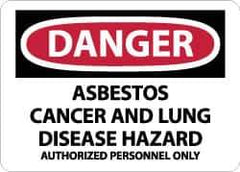 NMC - "Danger - Asbestos Cancer and Lung Disease Hazard - Authorized Personnel Only", 10" Long x 14" Wide, Aluminum Safety Sign - Rectangle, 0.04" Thick, Use for Hazardous Materials - USA Tool & Supply