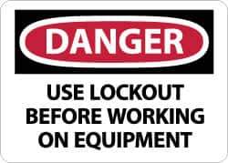 NMC - "Danger - Use Lockout Before Working On Equipment", 10" Long x 14" Wide, Rigid Plastic Safety Sign - Rectangle, 0.05" Thick, Use for Accident Prevention - USA Tool & Supply