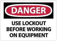 NMC - "Danger - Use Lockout Before Working On Equipment", 10" Long x 14" Wide, Rigid Plastic Safety Sign - Rectangle, 0.05" Thick, Use for Accident Prevention - USA Tool & Supply