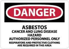 NMC - "Danger - Asbestos Cancer and Lung Disease Hazard - Authorized Personnel Only - Respirator and Protective Clothing Are...", 7" Long x 10" Wide, Aluminum Safety Sign - Rectangle, 0.04" Thick, Use for Accident Prevention - USA Tool & Supply