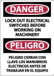 NMC - "Danger - Lock Out Electrical Switches Before Working on Machinery", 14" Long x 10" Wide, Pressure-Sensitive Vinyl Safety Sign - Rectangle, 0.004" Thick, Use for Accident Prevention - USA Tool & Supply