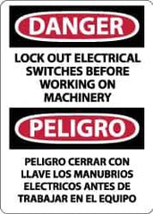 NMC - "Danger - Lock Out Electrical Switches Before Working on Machinery", 14" Long x 10" Wide, Pressure-Sensitive Vinyl Safety Sign - Rectangle, 0.004" Thick, Use for Accident Prevention - USA Tool & Supply