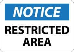 NMC - "Notice - Restricted Area", 10" Long x 14" Wide, Aluminum Safety Sign - Rectangle, 0.04" Thick, Use for Security & Admittance - USA Tool & Supply