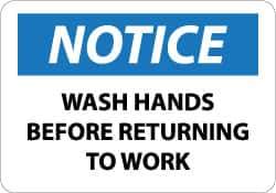 NMC - Restroom, Janitorial & Housekeeping Label, Header: NOTICE - Legend: Notice - Wash Hands Before Returning to Work, English, Black, Blue & White, 5" Long x 3" High, Sign Muscle Finish - USA Tool & Supply