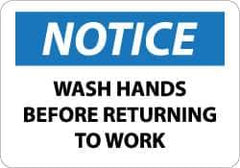 NMC - Restroom, Janitorial & Housekeeping Label, Header: NOTICE - Legend: Notice - Wash Hands Before Returning to Work, English, Black, Blue & White, 5" Long x 3" High, Sign Muscle Finish - USA Tool & Supply