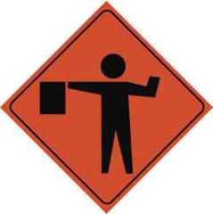 NMC - "Flagger", "Worker w/Directional Flag", 48" Wide x 48" High, Nylon Construction Roadway Signs - Black on Orange, Engineer Grade Reflectivity, Diamond, Sign Stand Mount - USA Tool & Supply