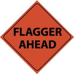 NMC - "Flagger Ahead", 48" Wide x 48" High, Nylon Construction Roadway Signs - Black on Orange, Engineer Grade Reflectivity, Diamond, Sign Stand Mount - USA Tool & Supply