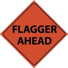 NMC - "Flagger Ahead", 48" Wide x 48" High, Nylon Construction Roadway Signs - Black on Orange, Engineer Grade Reflectivity, Diamond, Sign Stand Mount - USA Tool & Supply