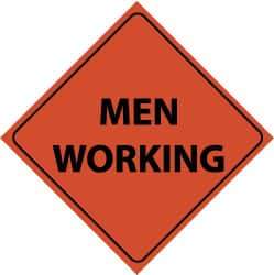 NMC - "Men Working", 48" Wide x 48" High, Nylon Construction Roadway Signs - Black on Orange, Engineer Grade Reflectivity, Diamond, Sign Stand Mount - USA Tool & Supply