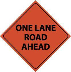 NMC - "One Lane Road Ahead", 48" Wide x 48" High, Nylon Construction Roadway Signs - Black on Orange, Engineer Grade Reflectivity, Diamond, Sign Stand Mount - USA Tool & Supply