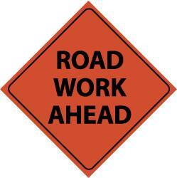 NMC - "Road Work Ahead", 48" Wide x 48" High, Nylon Construction Roadway Signs - Black on Orange, Engineer Grade Reflectivity, Diamond, Sign Stand Mount - USA Tool & Supply