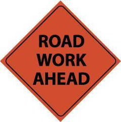 NMC - "Road Work Ahead", 48" Wide x 48" High, Nylon Construction Roadway Signs - Black on Orange, Engineer Grade Reflectivity, Diamond, Sign Stand Mount - USA Tool & Supply