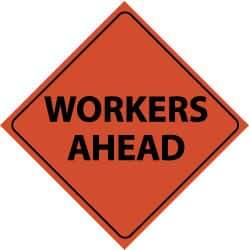 NMC - "Workers Ahead", 48" Wide x 48" High, Nylon Construction Roadway Signs - Black on Orange, Engineer Grade Reflectivity, Diamond, Sign Stand Mount - USA Tool & Supply