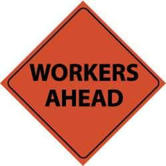 NMC - "Workers Ahead", 48" Wide x 48" High, Nylon Construction Roadway Signs - Black on Orange, Engineer Grade Reflectivity, Diamond, Sign Stand Mount - USA Tool & Supply