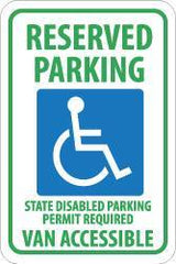 NMC - "Reserved Parking - State Disabled Parking Permit Required - Van Accessible", "Handicapped Symbol", 12" Wide x 18" High, Aluminum ADA Signs - 0.08" Thick, Green & Blue on White, Engineer Grade Reflectivity, Rectangle, Post Mount - USA Tool & Supply