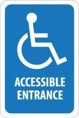 NMC - "Accessible Entrance", "Handicap Symbol", 12" Wide x 6" High, Aluminum ADA Signs - 0.08" Thick, Blue on White, Engineer Grade Reflectivity, Rectangle, Post Mount - USA Tool & Supply