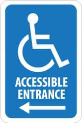 NMC - "Accessible Entrance", "Handicap Symbol w/ Left Arrow", 12" Wide x 6" High, Aluminum ADA Signs - 0.08" Thick, Blue on White, Engineer Grade Reflectivity, Rectangle, Post Mount - USA Tool & Supply