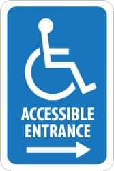 NMC - "Accessible Entrance", "Handicap Symbol w/ Right Arrow", 12" Wide x 6" High, Aluminum ADA Signs - 0.08" Thick, Blue on White, Engineer Grade Reflectivity, Rectangle, Post Mount - USA Tool & Supply