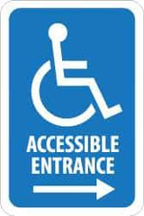 NMC - "Accessible Entrance", "Handicap Symbol w/ Right Arrow", 12" Wide x 6" High, Aluminum ADA Signs - 0.08" Thick, Blue on White, Engineer Grade Reflectivity, Rectangle, Post Mount - USA Tool & Supply
