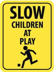 NMC - "Slow - Children at Play", "Child Playing", 18" Wide x 24" High, Aluminum Traffic Control Signs - 0.08" Thick, Black on Yellow, Engineer Grade Reflectivity, Rectangle, Post Mount - USA Tool & Supply