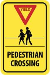 NMC - "Yield - Pedestrian Crossing", "Pedestrians, Red Triangle", 18" Wide x 24" High, Aluminum Pedestrian Crossing Signs - 0.08" Thick, Red & Black on Yellow, High Intensity Reflectivity, Rectangle, Post Mount - USA Tool & Supply