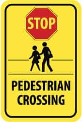 NMC - "Stop - Pedestrian Crossing", "Pedestrians Crossing", 12" Wide x 18" High, Aluminum Pedestrian Crossing Signs - 0.08" Thick, Red & Black on Yellow, Engineer Grade Reflectivity, Rectangle, Post Mount - USA Tool & Supply