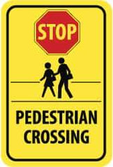 NMC - "Stop - Pedestrian Crossing", "Pedestrians Crossing", 12" Wide x 18" High, Aluminum Pedestrian Crossing Signs - 0.08" Thick, Red & Black on Yellow, Engineer Grade Reflectivity, Rectangle, Post Mount - USA Tool & Supply