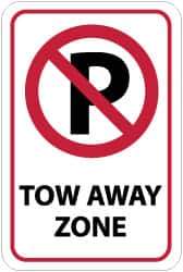 NMC - "Tow Away Zone", "Strike on P", 12" Wide x 18" High, Aluminum No Parking & Tow Away Signs - 0.08" Thick, Red & Black on White, Engineer Grade Reflectivity, Rectangle, Post Mount - USA Tool & Supply